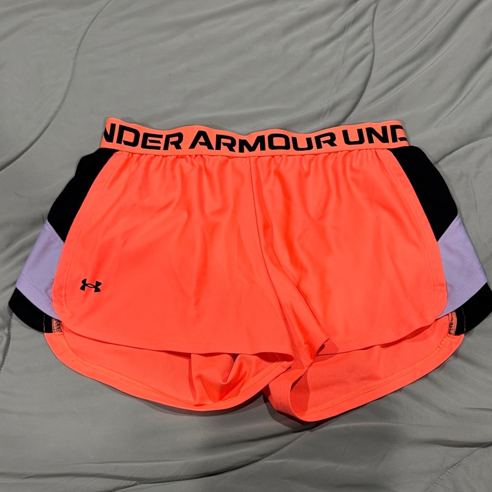 Under Armour Women's Neon Coral Athletic Shorts with Black & Lavender Panels